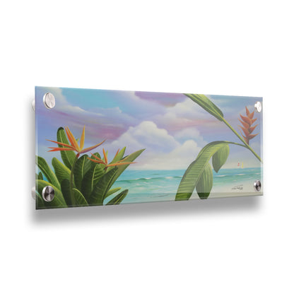 A painting of Heliconia flowers growing on a white sand beach with a vibrant turquoise sea. Pink, purple, and blue clouds fill the sky. Printed on acrylic.