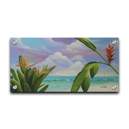 A painting of Heliconia flowers growing on a white sand beach with a vibrant turquoise sea. Pink, purple, and blue clouds fill the sky. Printed on acrylic.