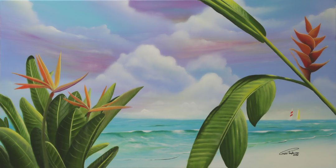 A painting of Heliconia flowers growing on a white sand beach with a vibrant turquoise sea. Pink, purple, and blue clouds fill the sky.