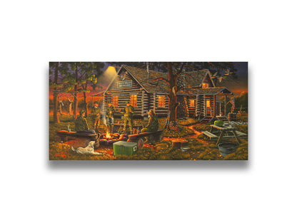 A painting of a group of hunters and their dog, gathered around a campfire at sunset. Behind them is a log cabin hunting lodge, and deer hang from skinning racks in the distance. Printed on canvas.