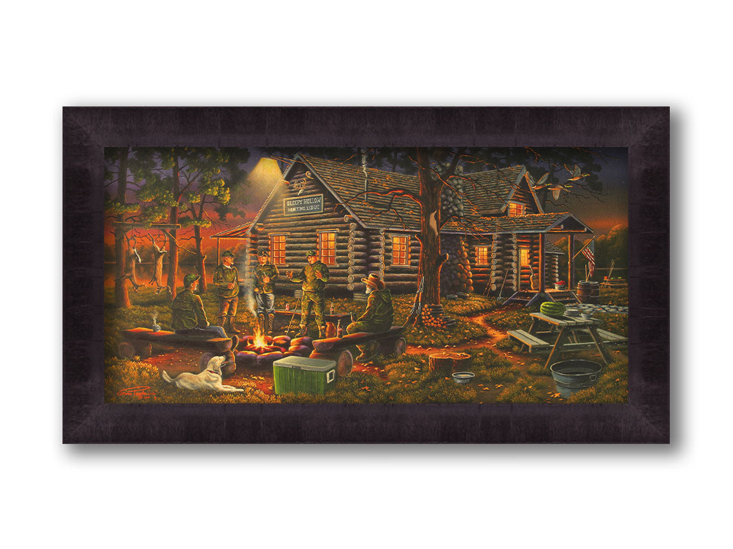 A painting of a group of hunters and their dog, gathered around a campfire at sunset. Behind them is a log cabin hunting lodge, and deer hang from skinning racks in the distance. Printed on canvas and framed.