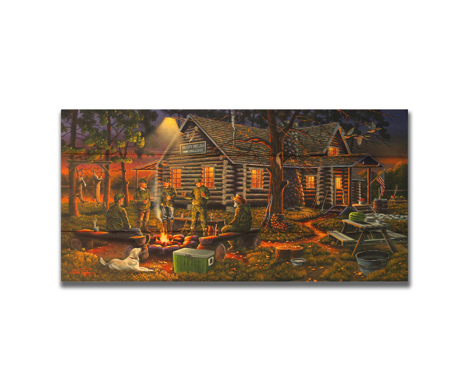 A painting of a group of hunters and their dog, gathered around a campfire at sunset. Behind them is a log cabin hunting lodge, and deer hang from skinning racks in the distance. Printed on a box board.