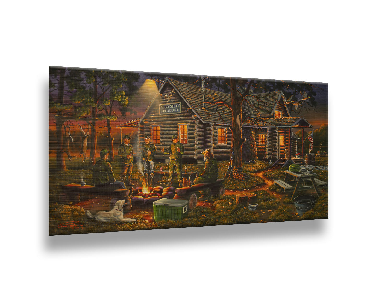 A painting of a group of hunters and their dog, gathered around a campfire at sunset. Behind them is a log cabin hunting lodge, and deer hang from skinning racks in the distance. Printed on metal.