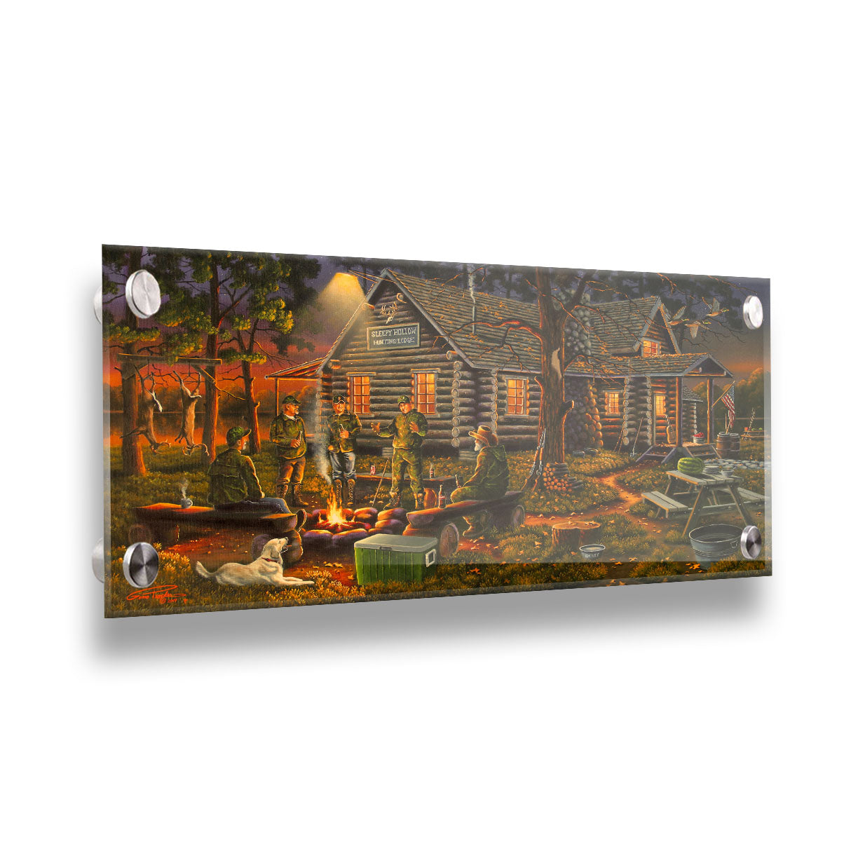 A painting of a group of hunters and their dog, gathered around a campfire at sunset. Behind them is a log cabin hunting lodge, and deer hang from skinning racks in the distance. Printed on acrylic.