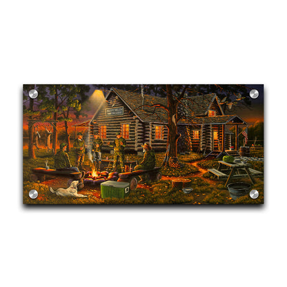 A painting of a group of hunters and their dog, gathered around a campfire at sunset. Behind them is a log cabin hunting lodge, and deer hang from skinning racks in the distance. Printed on acrylic.