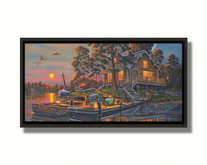 A painting of a lakeside cabin with a nearby dock. A fishing boat is tied up, and supplies are nearby to go fishing. The sunset is reflecting off the water. Printed on canvas in a float frame.