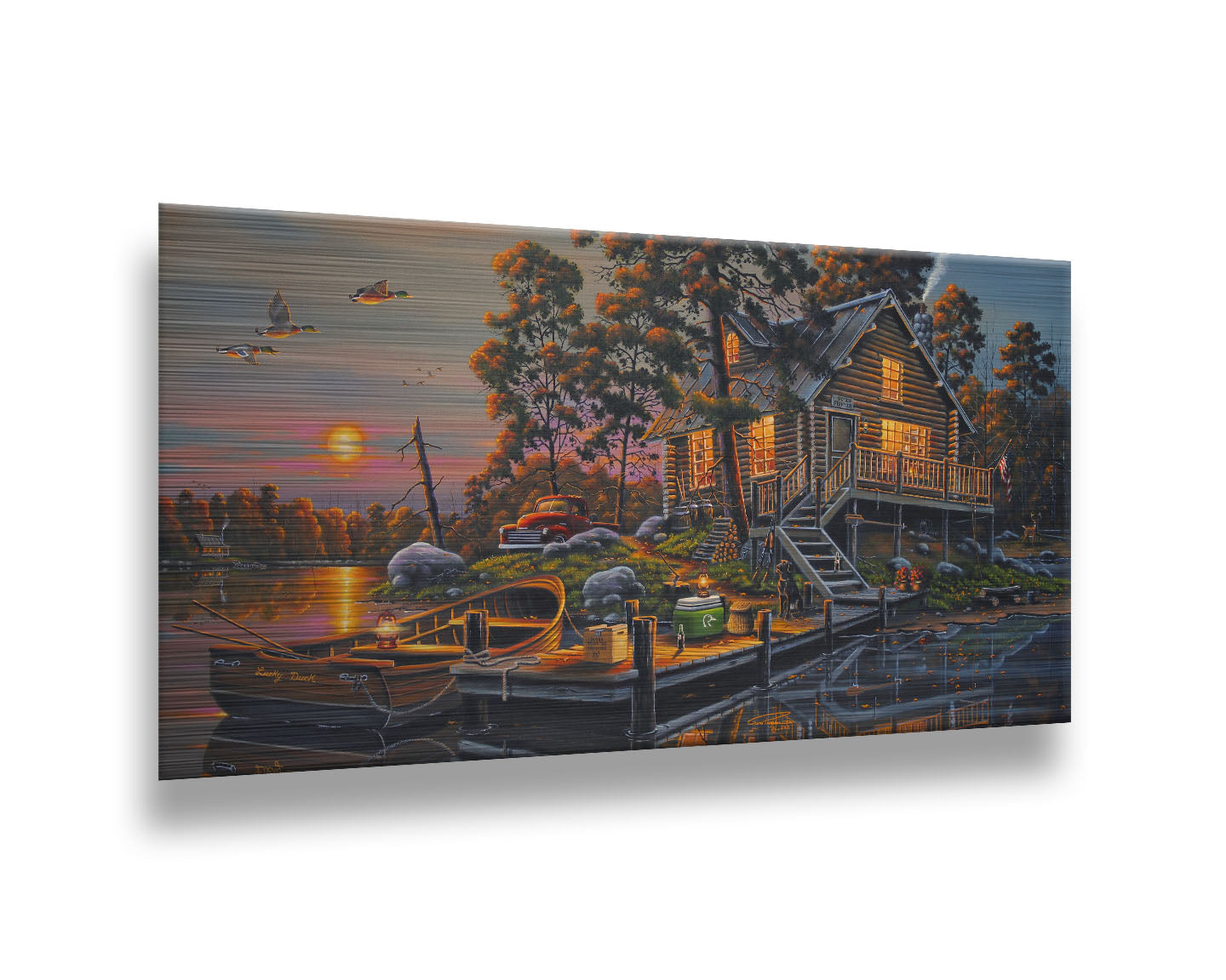 A painting of a lakeside cabin with a nearby dock. A fishing boat is tied up, and supplies are nearby to go fishing. The sunset is reflecting off the water. Printed on metal.