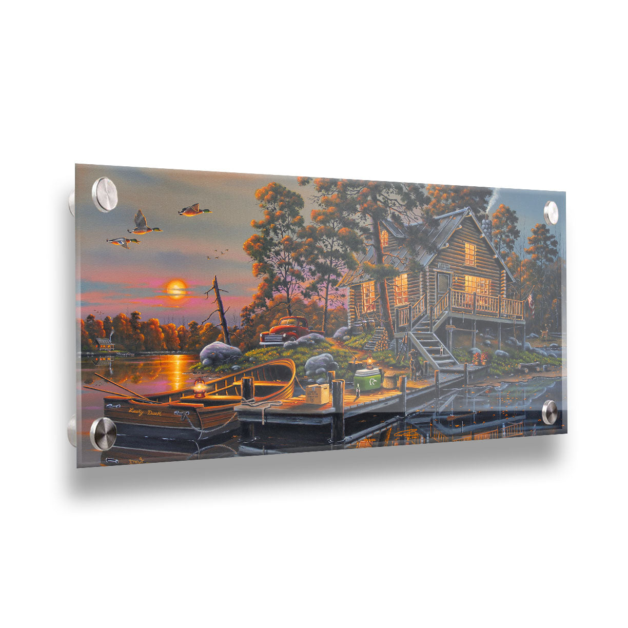 A painting of a lakeside cabin with a nearby dock. A fishing boat is tied up, and supplies are nearby to go fishing. The sunset is reflecting off the water. Printed on acrylic.