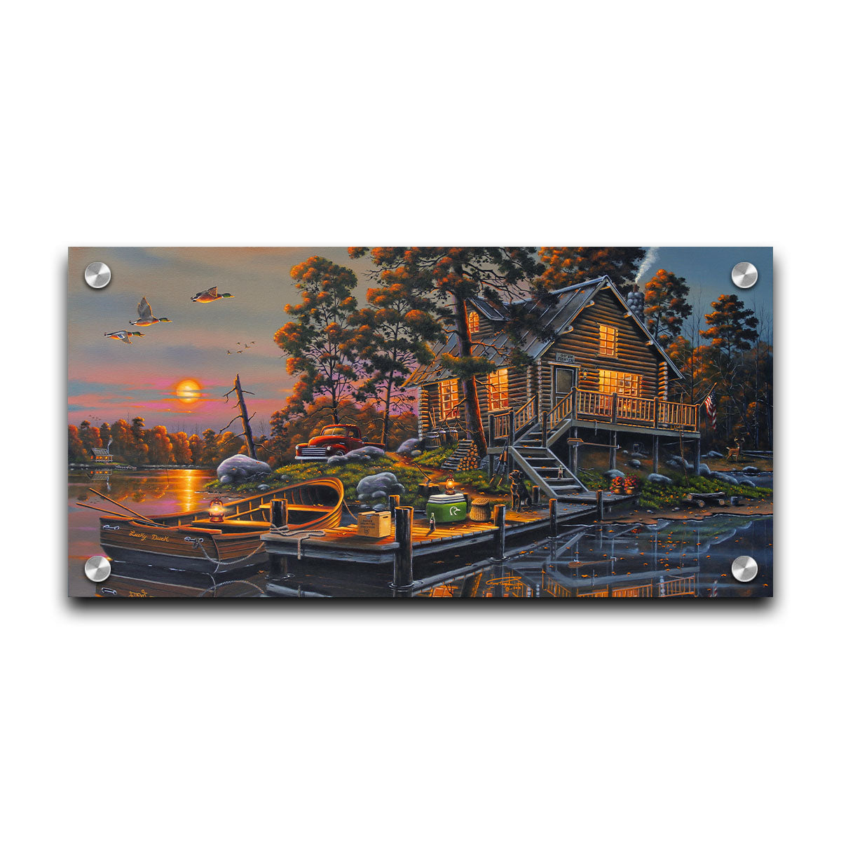 A painting of a lakeside cabin with a nearby dock. A fishing boat is tied up, and supplies are nearby to go fishing. The sunset is reflecting off the water. Printed on acrylic.