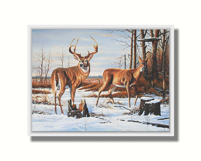 A painting of two deer, a doe and a buck, walking through a snowy field into the woods. Their fur and the surrounding foliage are a warm brown, which contrasts beautifully with the cool shadows on the snow. Printed on canvas in a float frame.