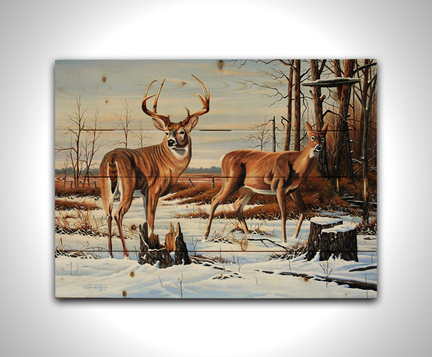 A painting of two deer, a doe and a buck, walking through a snowy field into the woods. Their fur and the surrounding foliage are a warm brown, which contrasts beautifully with the cool shadows on the snow. Printed on a wood pallet.