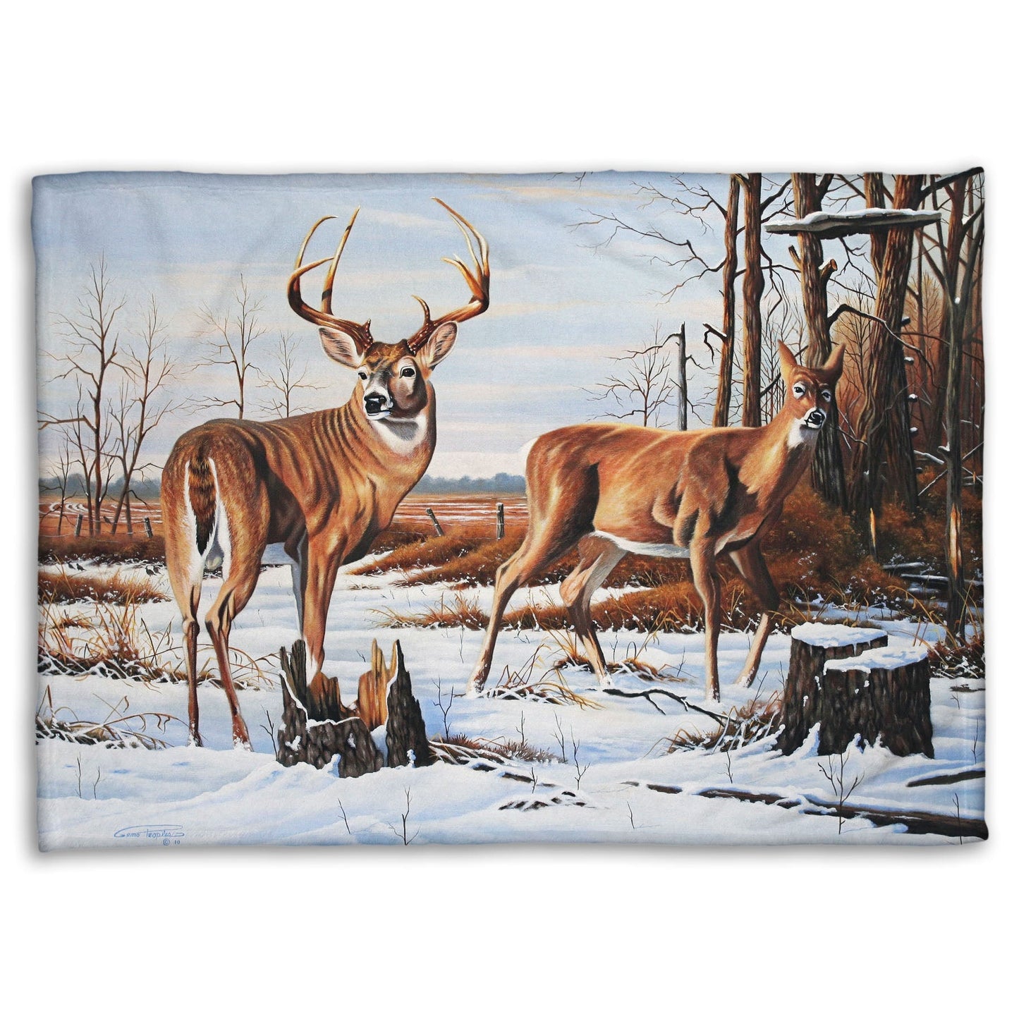 Coral fleece blanket designed with deer walking through the snow between the woods and a field.