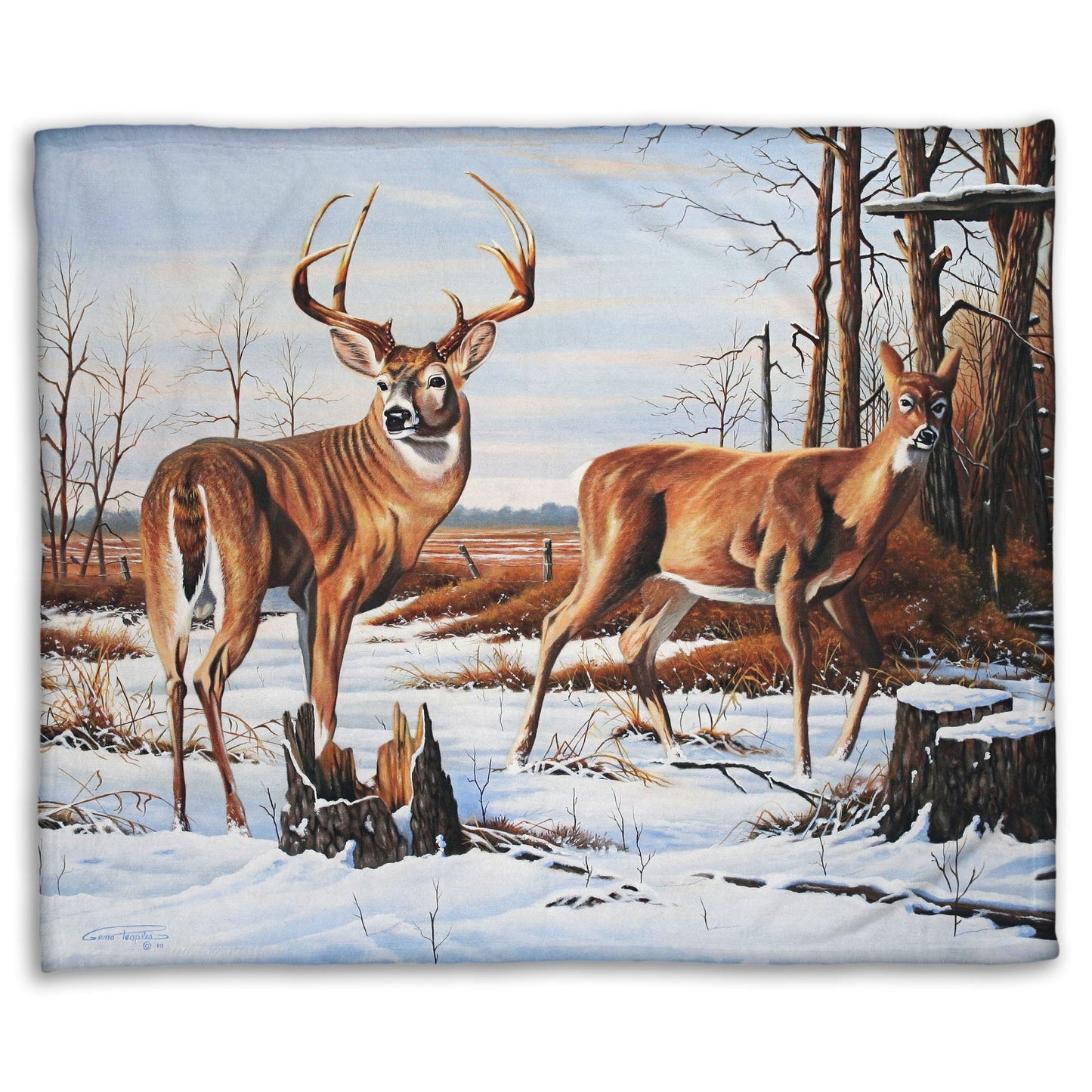 Coral fleece blanket designed with deer walking through the snow between the woods and a field.