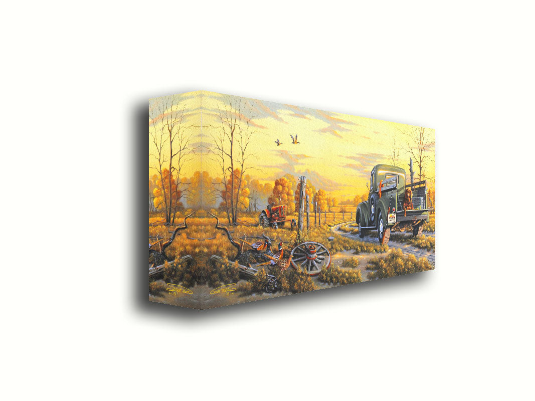 A painting of a truck parked on a dirt road through a vibrant yellow field. A hunting dog lies in the back, watching pheasants nearby. Printed on canvas.