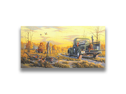 A painting of a truck parked on a dirt road through a vibrant yellow field. A hunting dog lies in the back, watching pheasants nearby. Printed on canvas.