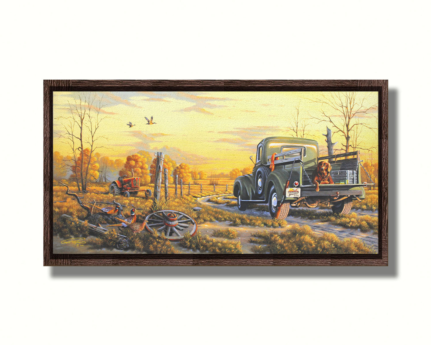 A painting of a truck parked on a dirt road through a vibrant yellow field. A hunting dog lies in the back, watching pheasants nearby. Printed on canvas in a float frame.