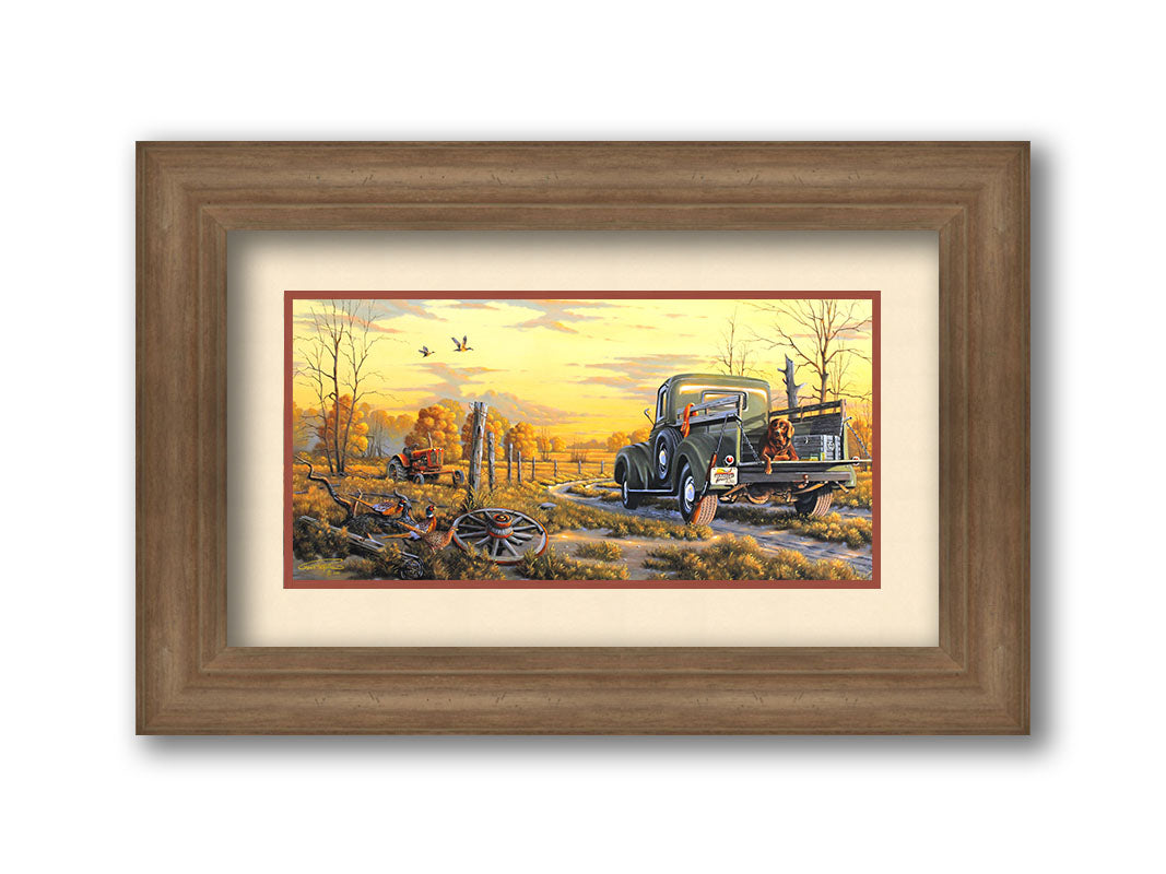 A painting of a truck parked on a dirt road through a vibrant yellow field. A hunting dog lies in the back, watching pheasants nearby. Printed on paper, matted, and framed.