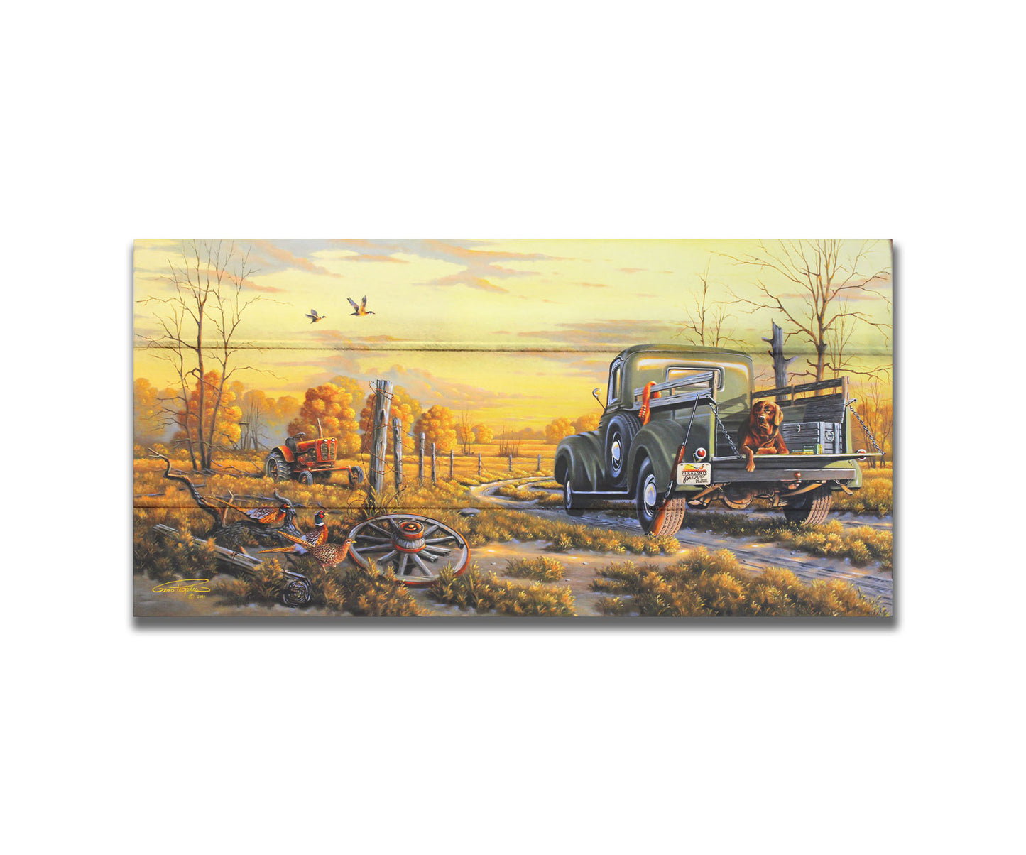 A painting of a truck parked on a dirt road through a vibrant yellow field. A hunting dog lies in the back, watching pheasants nearby. Printed on a box board.