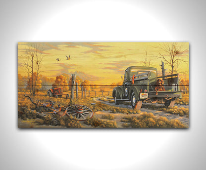 A painting of a truck parked on a dirt road through a vibrant yellow field. A hunting dog lies in the back, watching pheasants nearby. Printed on a wood pallet.