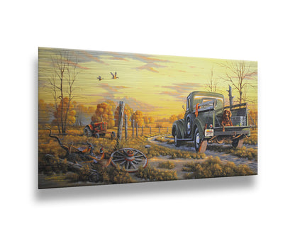 A painting of a truck parked on a dirt road through a vibrant yellow field. A hunting dog lies in the back, watching pheasants nearby. Printed on metal.