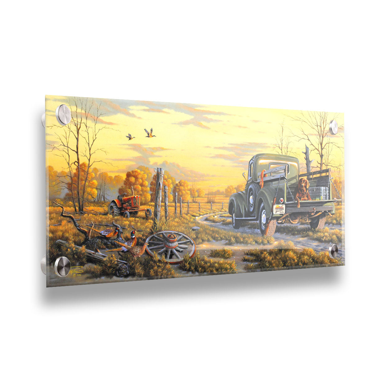 A painting of a truck parked on a dirt road through a vibrant yellow field. A hunting dog lies in the back, watching pheasants nearby. Printed on acrylic.