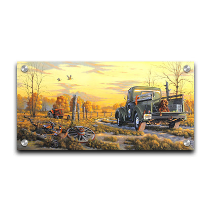 A painting of a truck parked on a dirt road through a vibrant yellow field. A hunting dog lies in the back, watching pheasants nearby. Printed on acrylic.