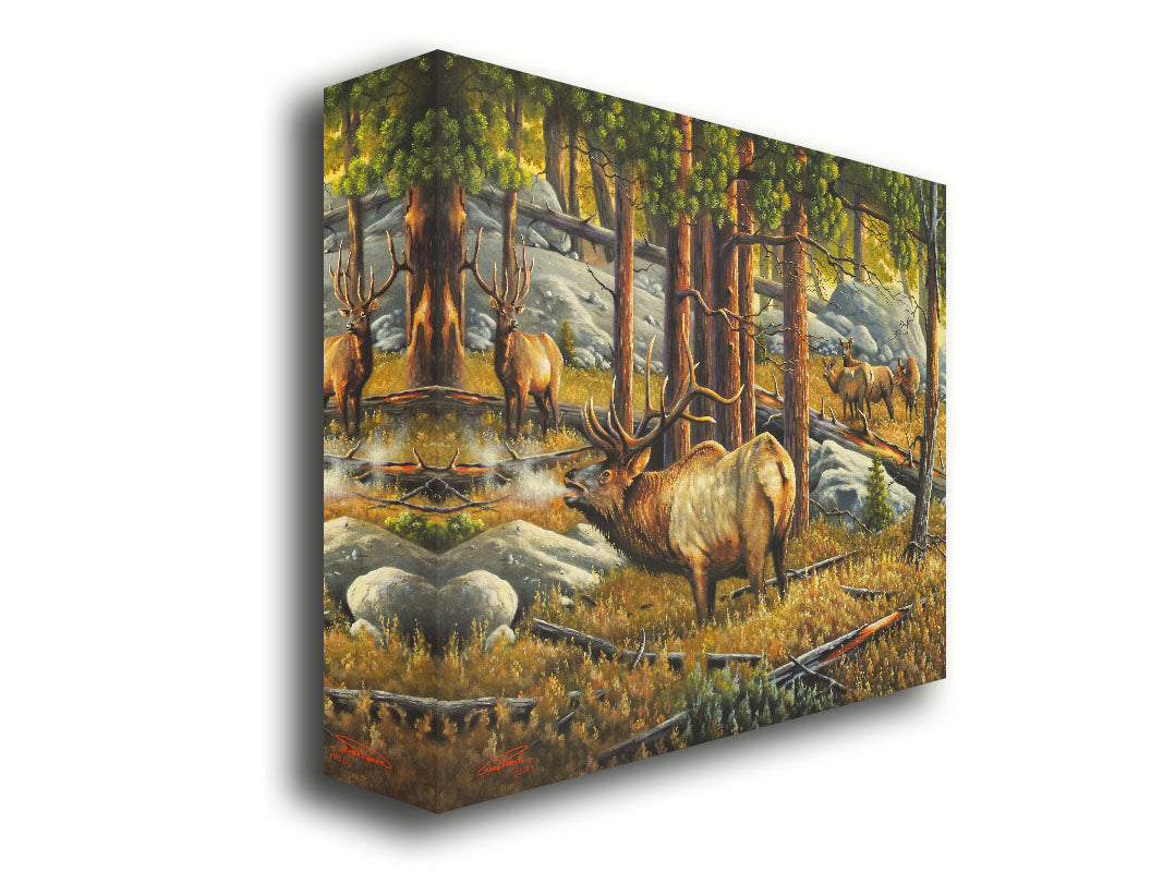 A painting depicting a forest scene with a majestic herd of elk, their breath fogging in the cold air. Printed on canvas.