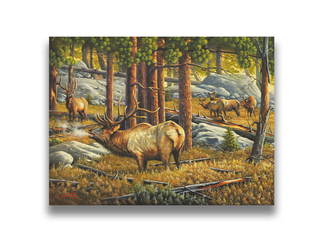 A painting depicting a forest scene with a majestic herd of elk, their breath fogging in the cold air. Printed on canvas.