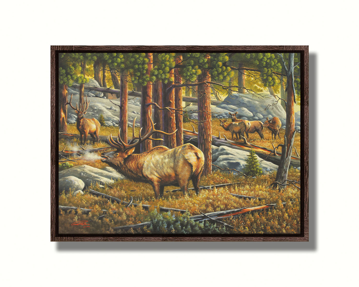 A painting depicting a forest scene with a majestic herd of elk, their breath fogging in the cold air. Printed on canvas in a float frame.