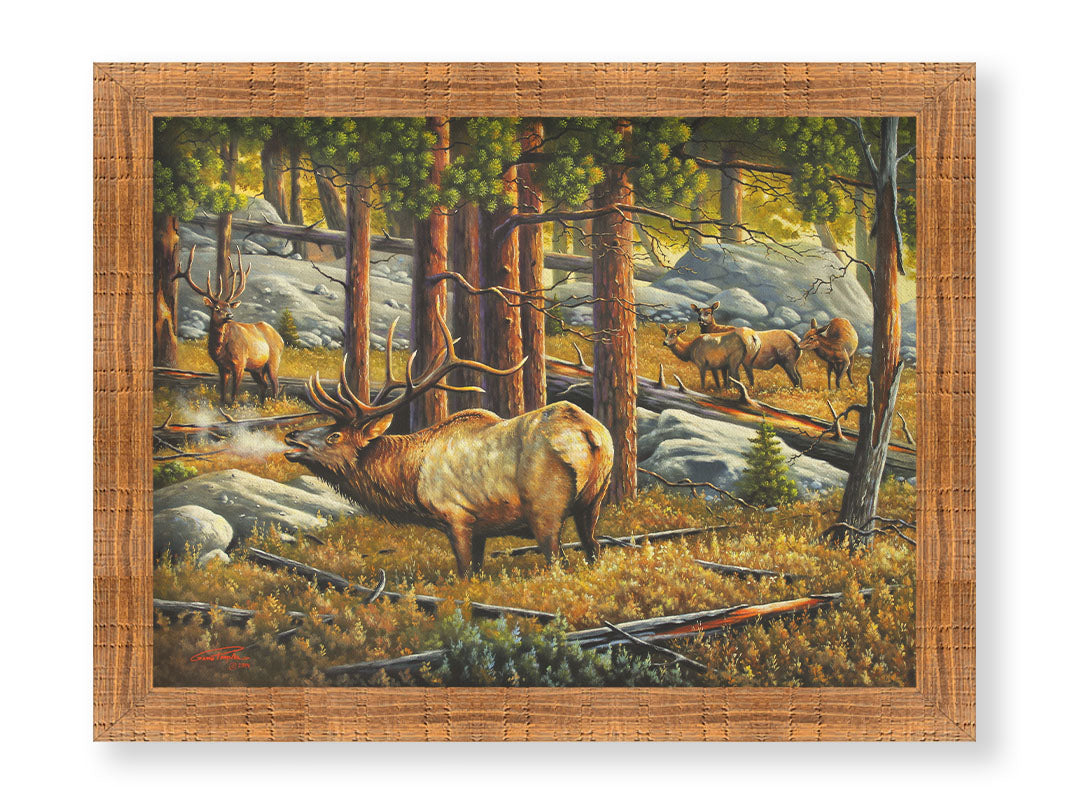 A painting depicting a forest scene with a majestic herd of elk, their breath fogging in the cold air. Printed on canvas and framed.