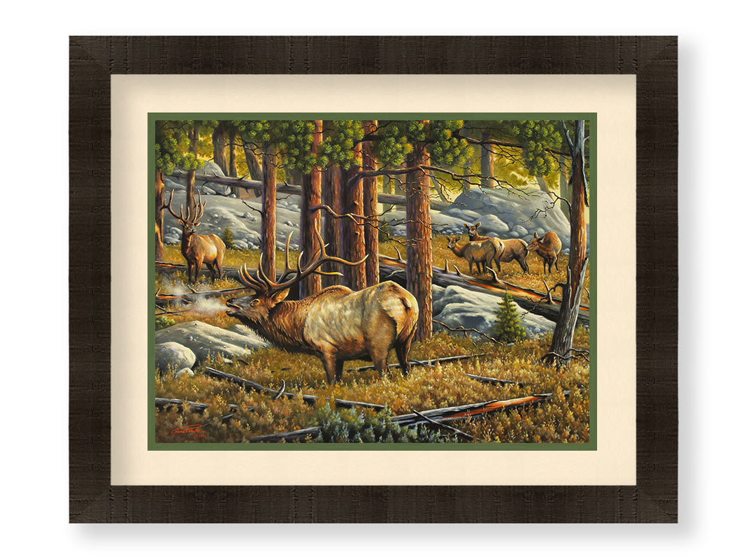 A painting depicting a forest scene with a majestic herd of elk, their breath fogging in the cold air. Printed on paper, matted, and framed.