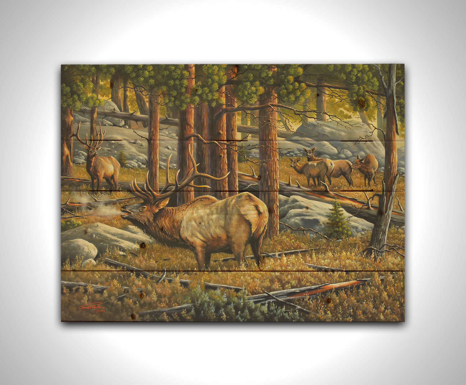 A painting depicting a forest scene with a majestic herd of elk, their breath fogging in the cold air. Printed on a wood pallet.