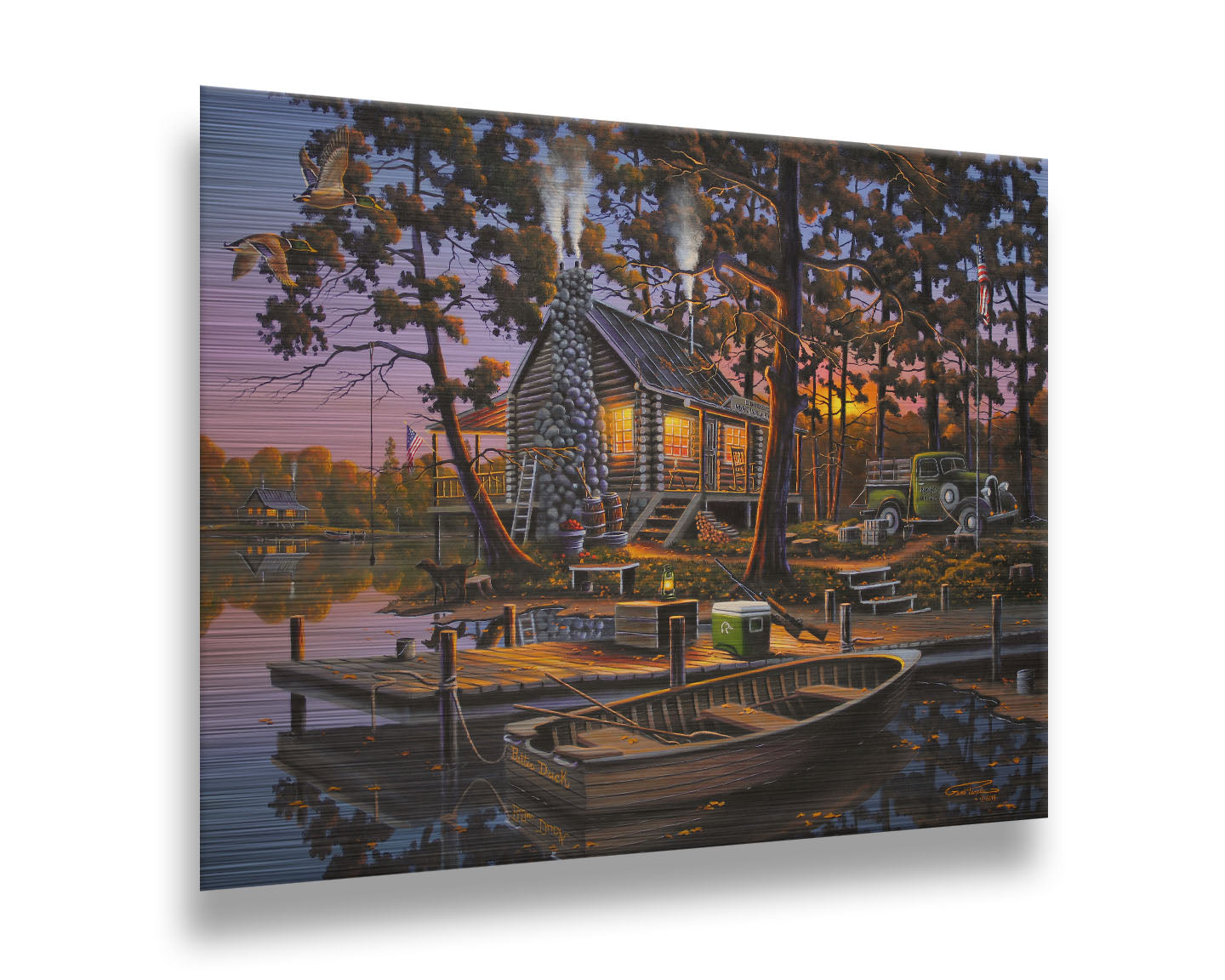 A painting of a lakeside log cabin hunting lodge at sunset. A rowboat is tied to the nearby dock, where shotguns are leaned against a cooler. Printed on metal.