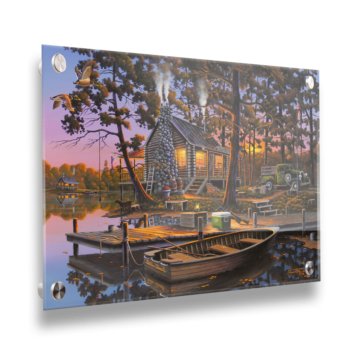 A painting of a lakeside log cabin hunting lodge at sunset. A rowboat is tied to the nearby dock, where shotguns are leaned against a cooler. Printed on acrylic.