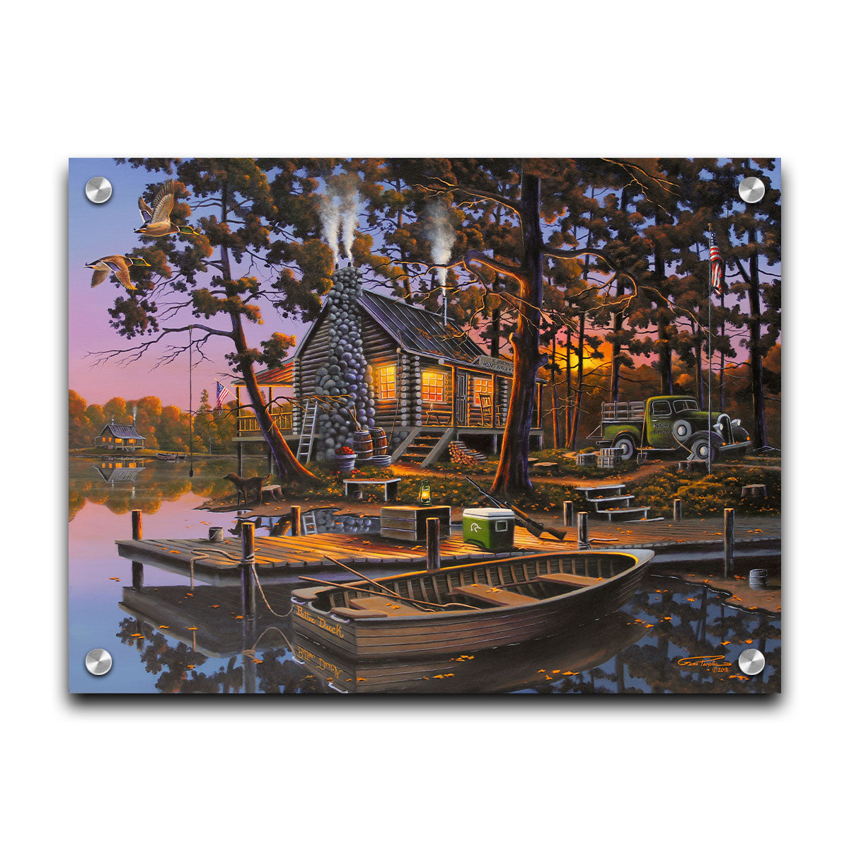 A painting of a lakeside log cabin hunting lodge at sunset. A rowboat is tied to the nearby dock, where shotguns are leaned against a cooler. Printed on acrylic.