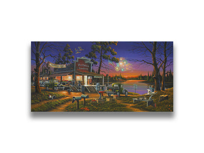 A landscape painting of a lakeside café at sunset, overlooking a colorful fireworks display over the lake on Veterans Day. People sit in the grass watching the excitement. Printed on canvas.