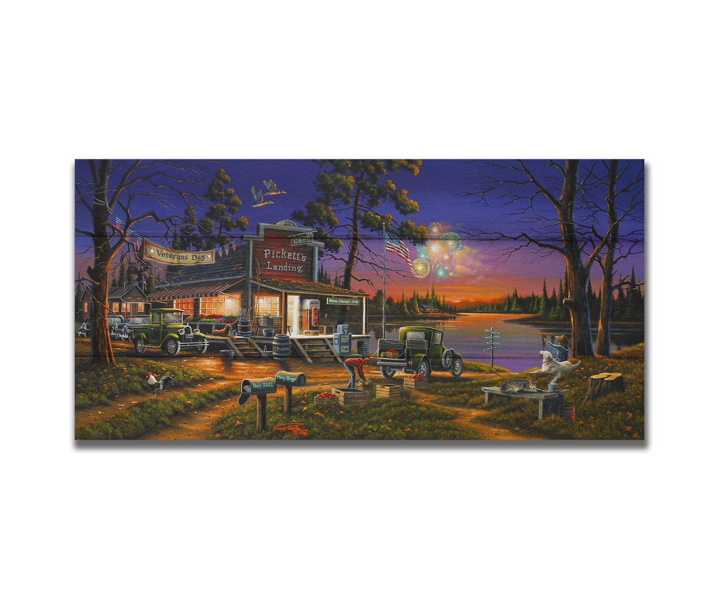 A landscape painting of a lakeside café at sunset, overlooking a colorful fireworks display over the lake on Veterans Day. People sit in the grass watching the excitement. Printed on a box board.