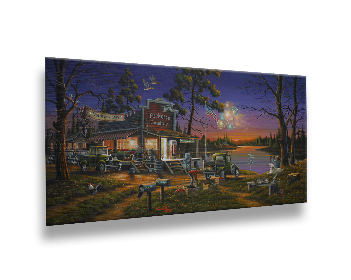 A landscape painting of a lakeside café at sunset, overlooking a colorful fireworks display over the lake on Veterans Day. People sit in the grass watching the excitement. Printed on metal.