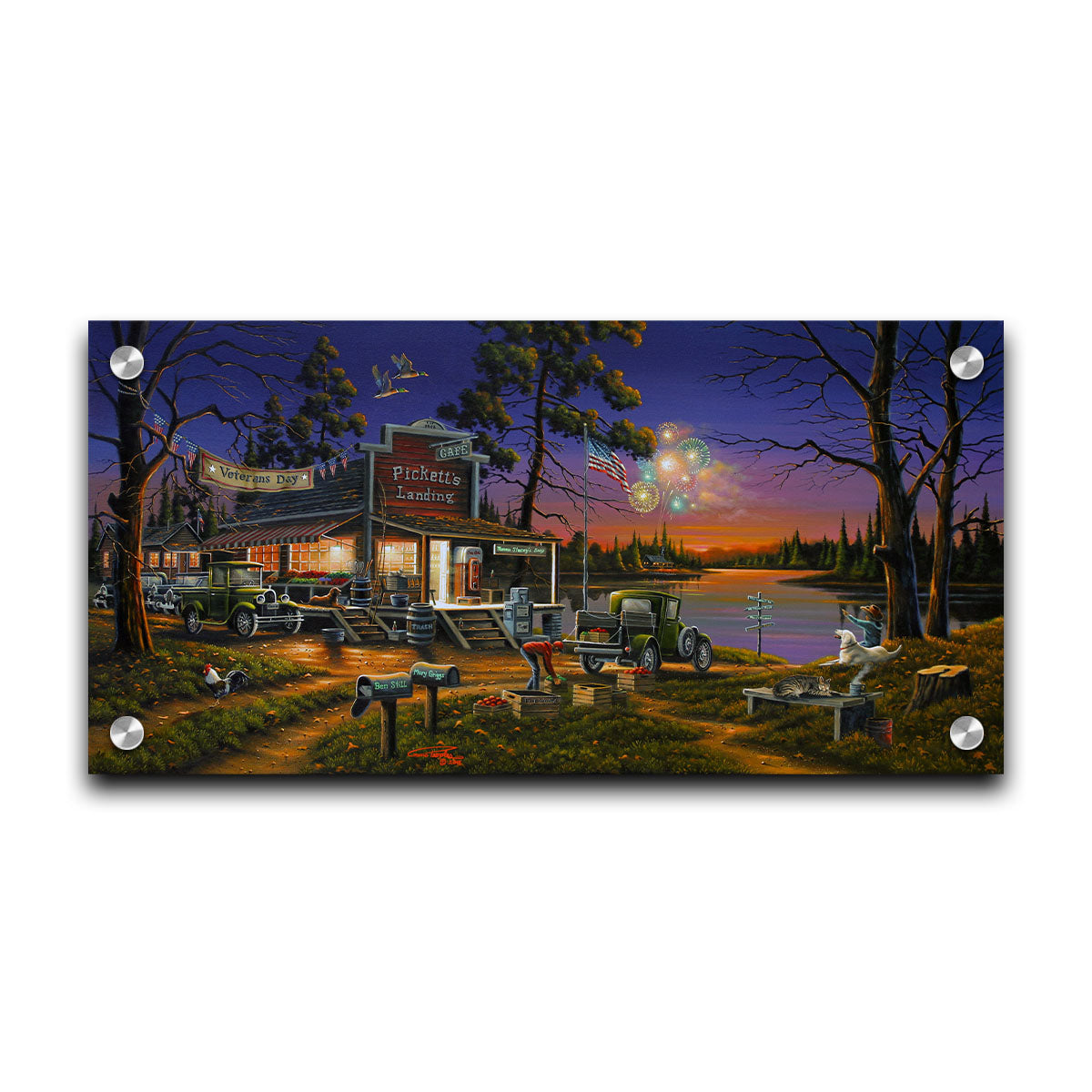 A landscape painting of a lakeside café at sunset, overlooking a colorful fireworks display over the lake on Veterans Day. People sit in the grass watching the excitement. Printed on acrylic.