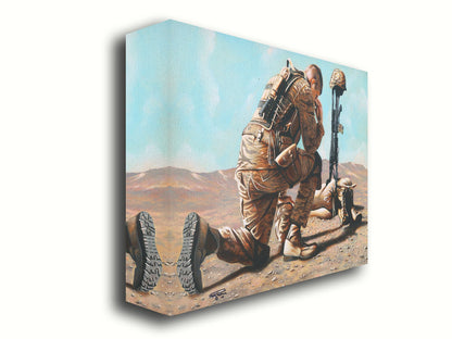 A painting of a soldier taking a knee before a battlefield cross– consisting of their rifle, helmet, and boots– honoring their fallen comrade. Printed on canvas.