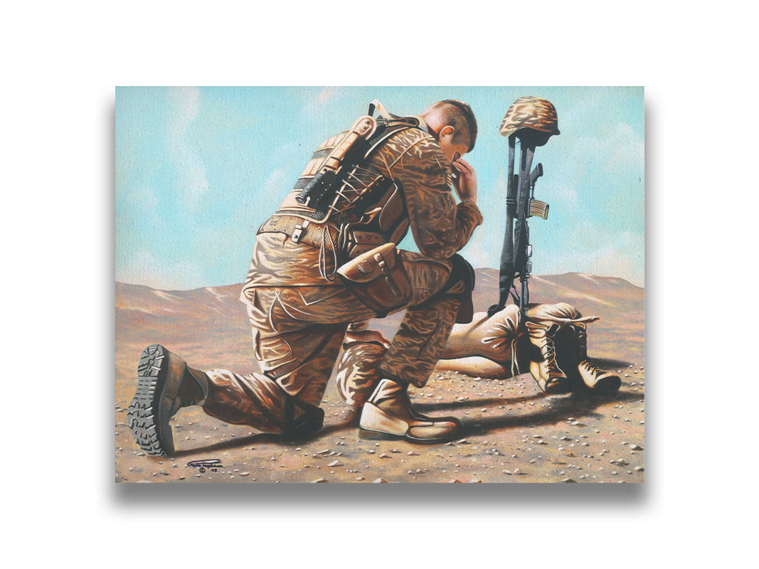 A painting of a soldier taking a knee before a battlefield cross– consisting of their rifle, helmet, and boots– honoring their fallen comrade. Printed on canvas.