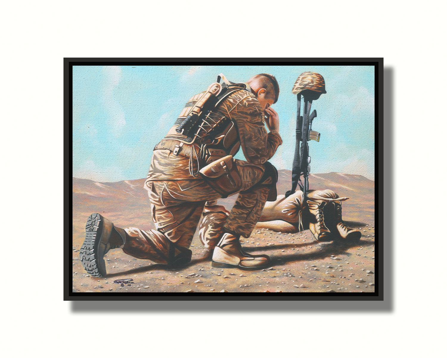 A painting of a soldier taking a knee before a battlefield cross– consisting of their rifle, helmet, and boots– honoring their fallen comrade. Printed on canvas in a float frame.