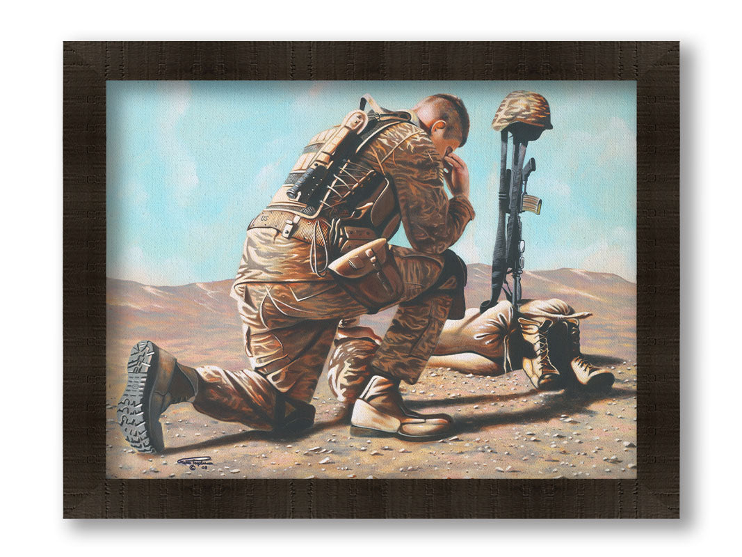 A painting of a soldier taking a knee before a battlefield cross– consisting of their rifle, helmet, and boots– honoring their fallen comrade. Printed on canvas and framed.