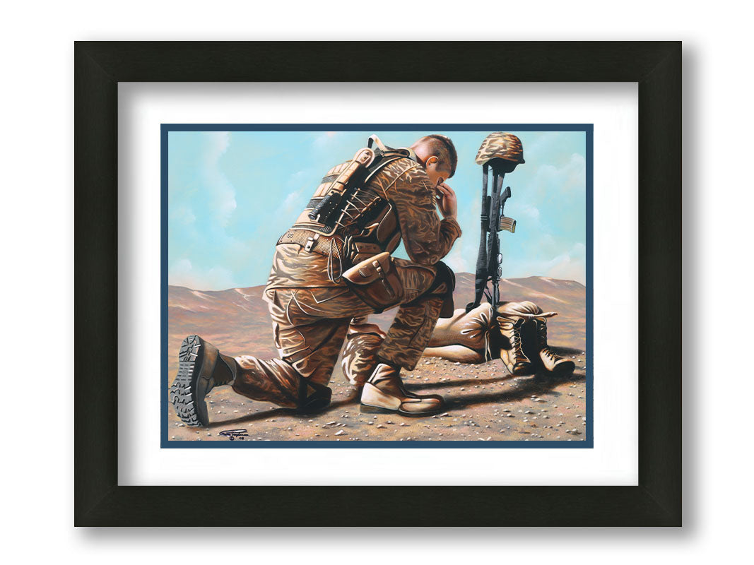 A painting of a soldier taking a knee before a battlefield cross– consisting of their rifle, helmet, and boots– honoring their fallen comrade. Printed on paper, matted, and framed.