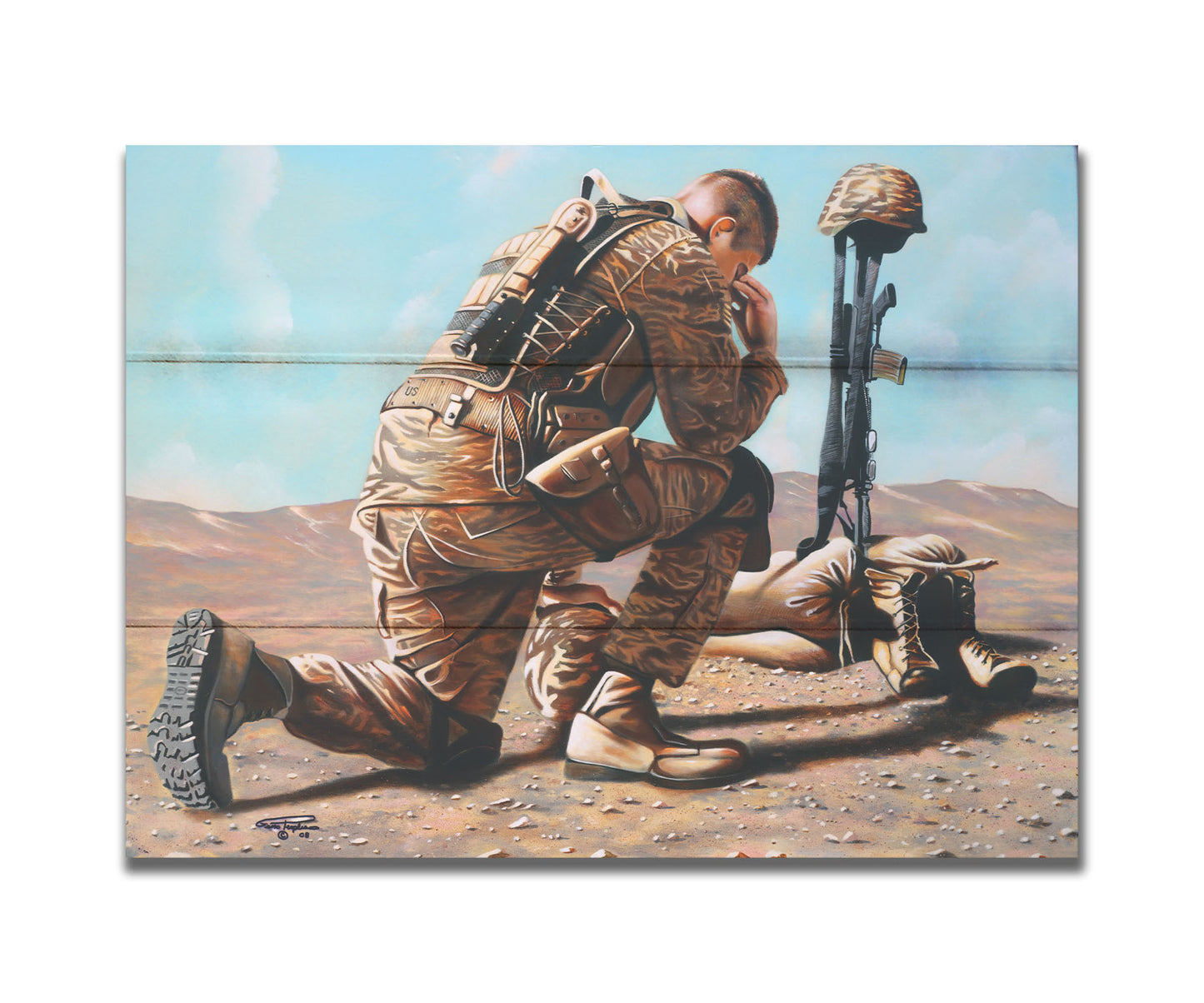 A painting of a soldier taking a knee before a battlefield cross– consisting of their rifle, helmet, and boots– honoring their fallen comrade. Printed on a box board.