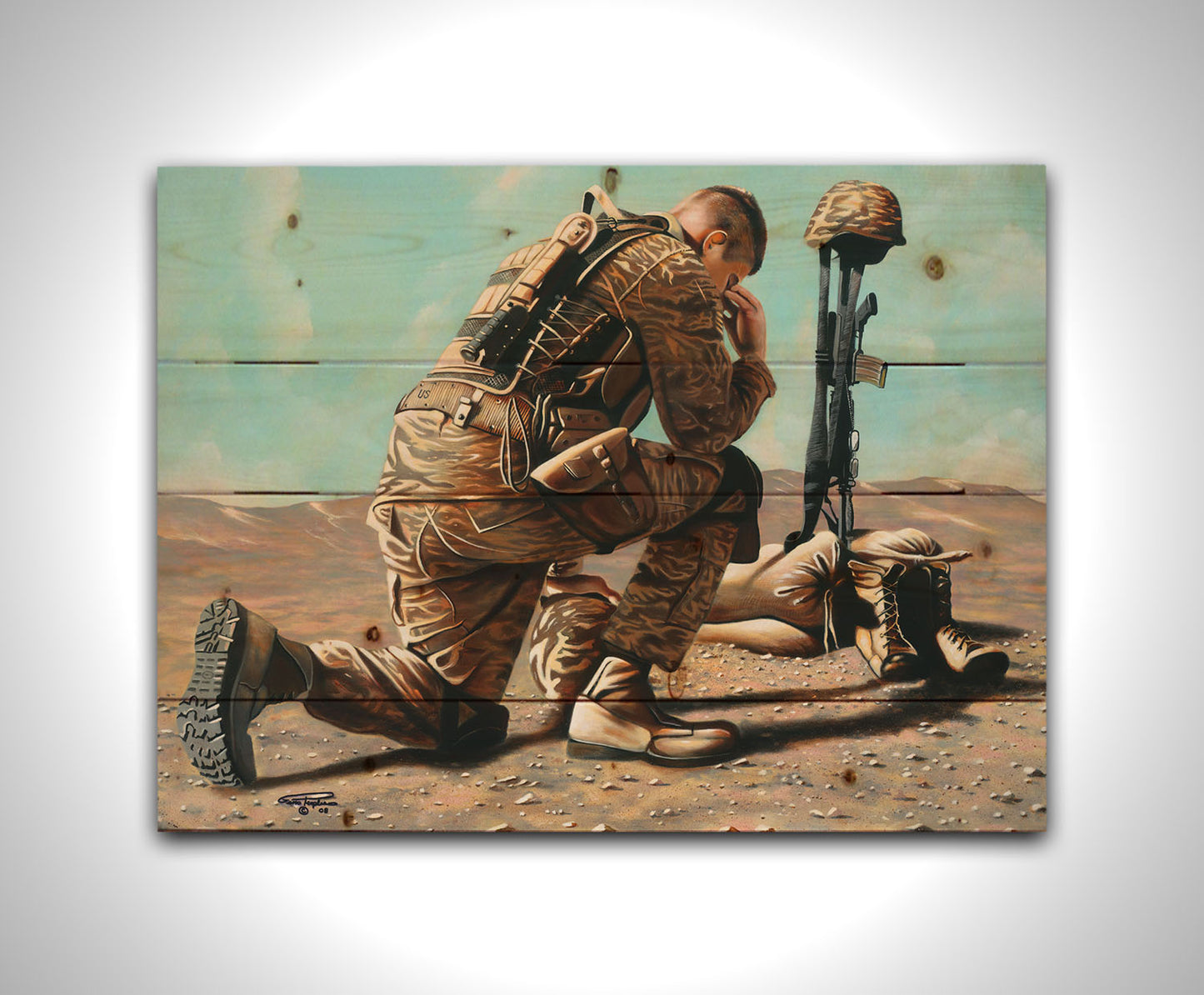 A painting of a soldier taking a knee before a battlefield cross– consisting of their rifle, helmet, and boots– honoring their fallen comrade. Printed on a wood pallet.