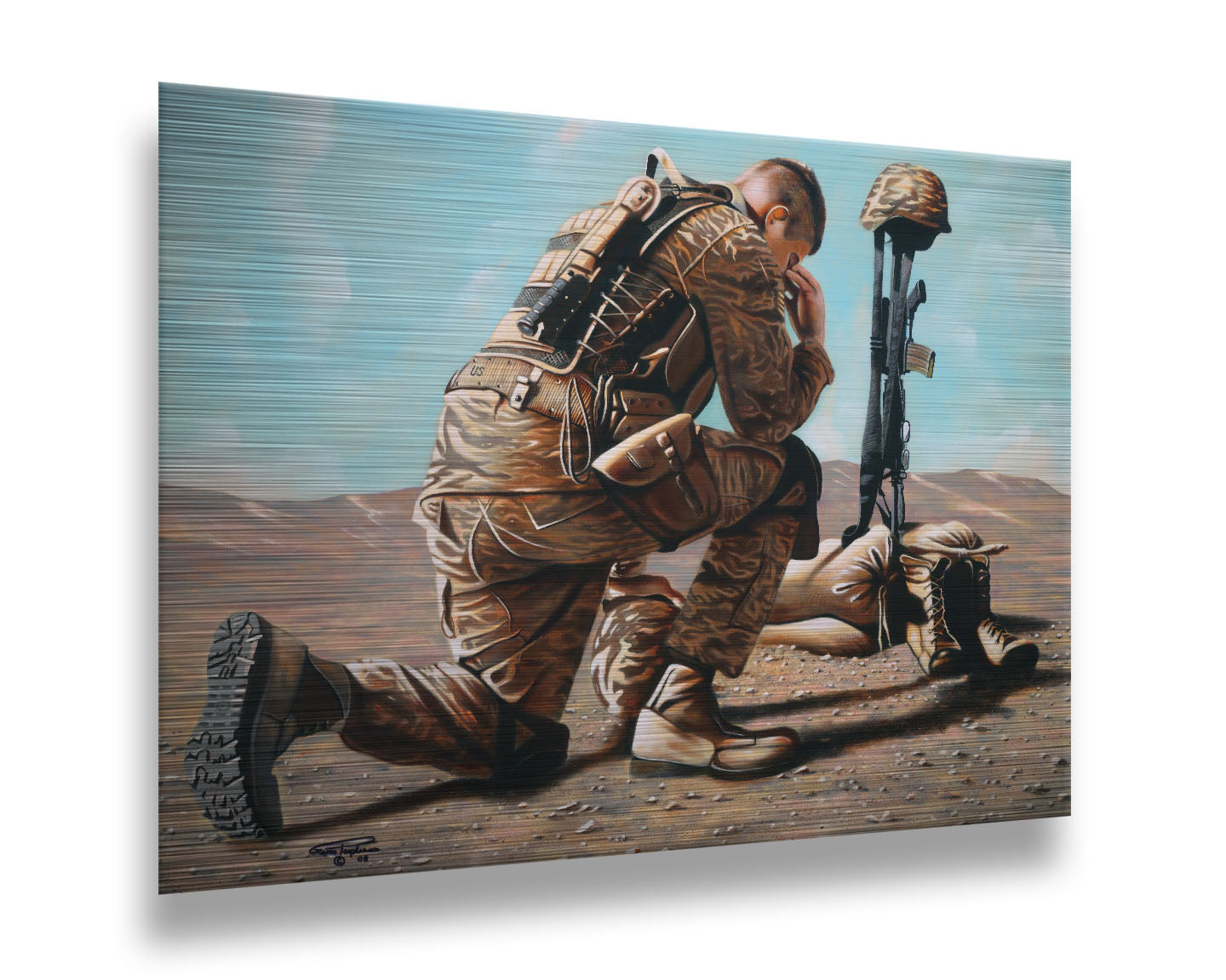 A painting of a soldier taking a knee before a battlefield cross– consisting of their rifle, helmet, and boots– honoring their fallen comrade. Printed on metal.