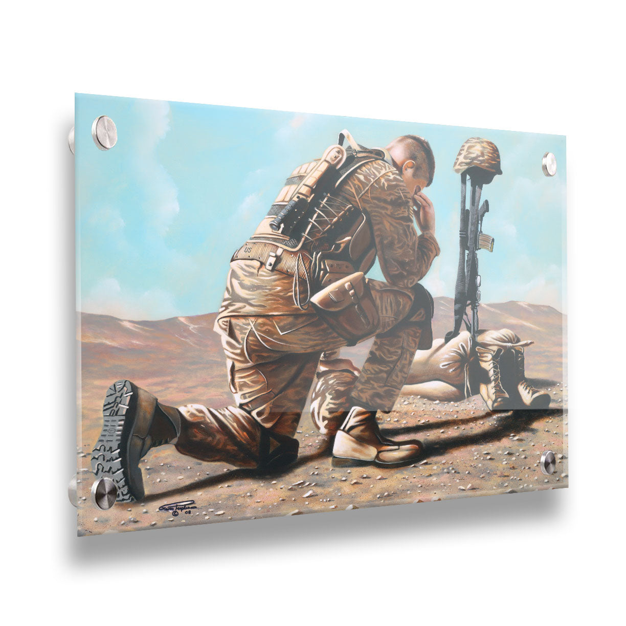 A painting of a soldier taking a knee before a battlefield cross– consisting of their rifle, helmet, and boots– honoring their fallen comrade. Printed on acrylic.