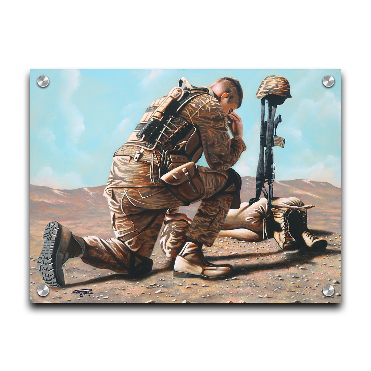 A painting of a soldier taking a knee before a battlefield cross– consisting of their rifle, helmet, and boots– honoring their fallen comrade. Printed on acrylic.