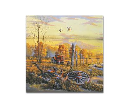 A landscape painting of autumn trees and a field. A tractor, a broken wheel, and a broken fence post add extra character to the scene. Pheasants sit in the foreground and ducks fly overhead. The sky and field are as golden yellow as the trees, in the morning light. Printed on a box board.